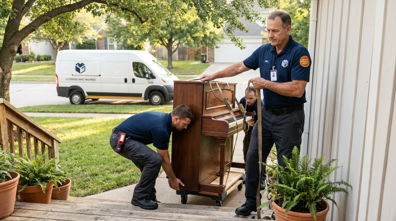 Licensed piano movers securing grand piano in New Castle, CO