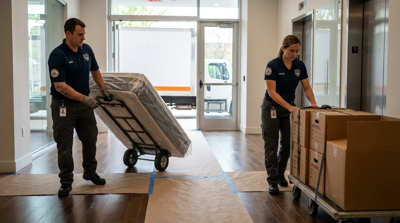 Professional apartment movers loading elevator in New Castle, CO